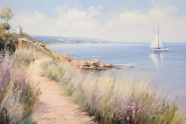 Path leading to a body of water with a sailboat Path leading to a body of water with a sailboat