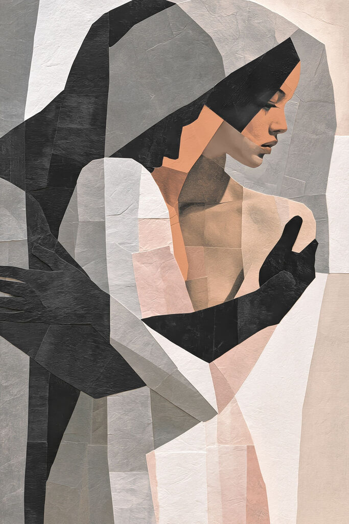 Woman with black hair and black gloves