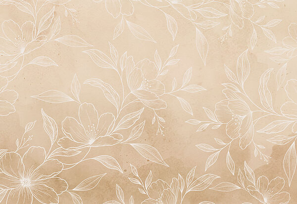 White flowers and leaves on a beige background