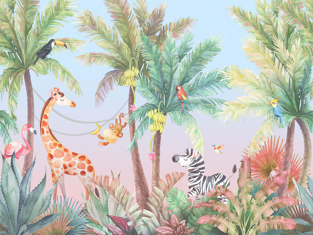 Giraffes and zebras in a jungle