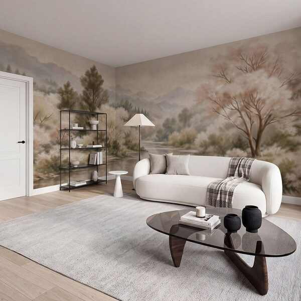 Fotótapéta Fákkal szegélyezett folyó, háttérben hegyekkel (Cikkszám: t01130)